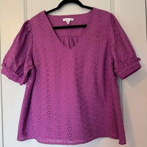 Draper James Heidi Purple Eyelet Puff Sleeve V Neck XL Top